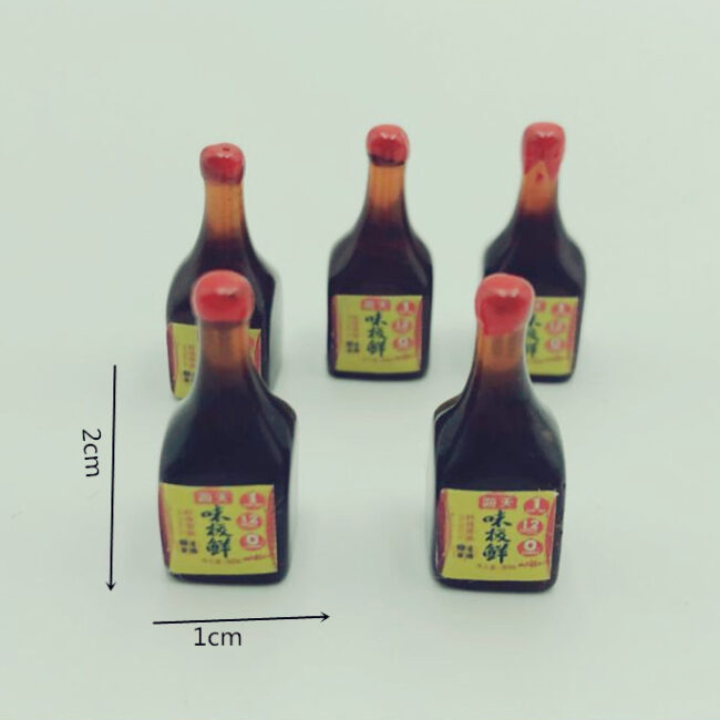 1:12 miniature soy sauce condiment bottles with red caps for dollhouse kitchens