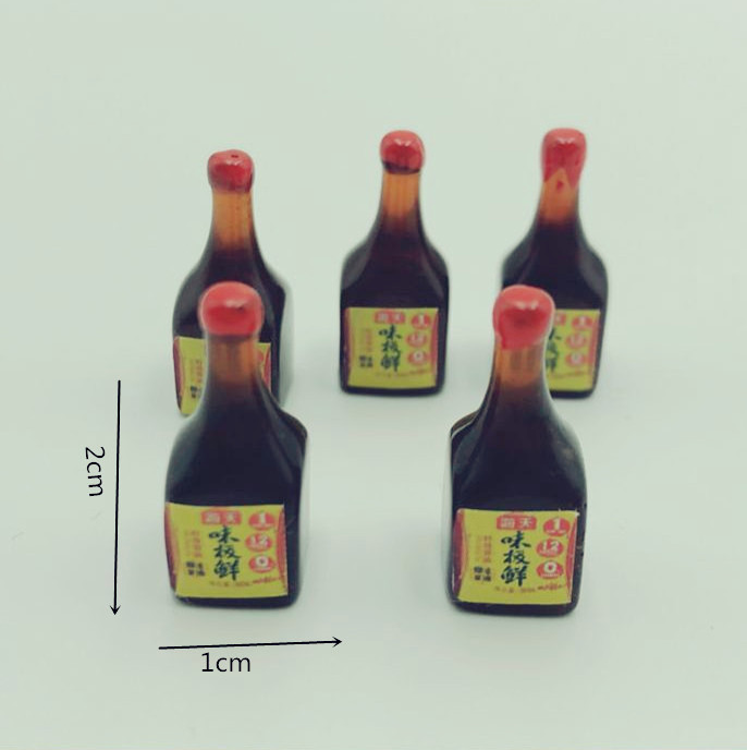 1:12 miniature soy sauce condiment bottles with red caps for dollhouse kitchens