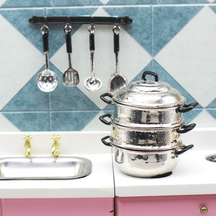 1:12 miniature three-tier metal steamer pot with kitchen utensil rack