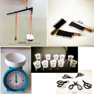 1:12 miniature kitchen scale knife and clear bowl set