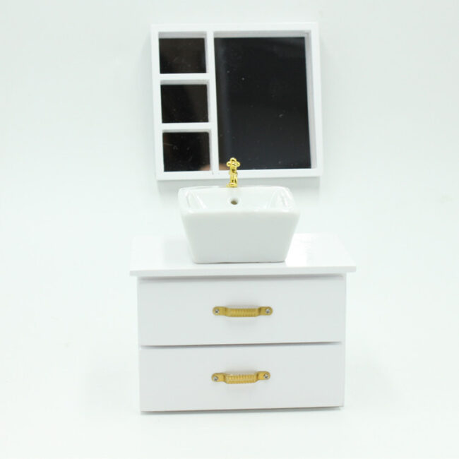 1:12 Miniature White Bathroom Vanity with Sink and Mirror