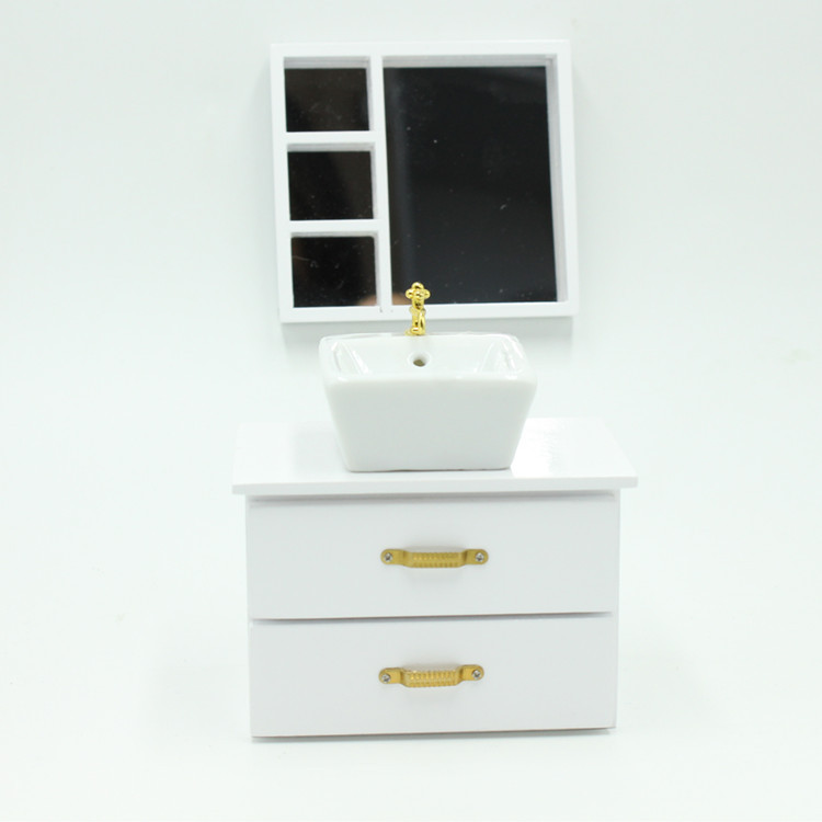 1:12 Miniature White Bathroom Vanity with Sink and Mirror