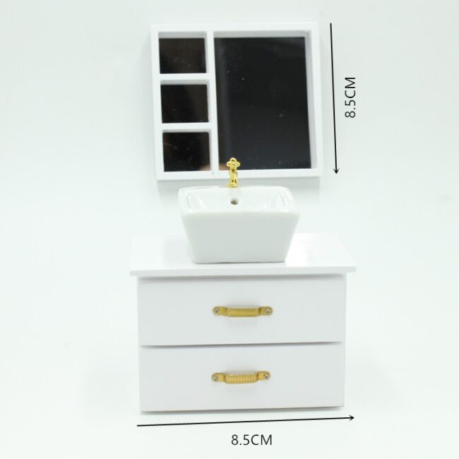 1:12 Miniature White Bathroom Vanity with Sink and Mirror