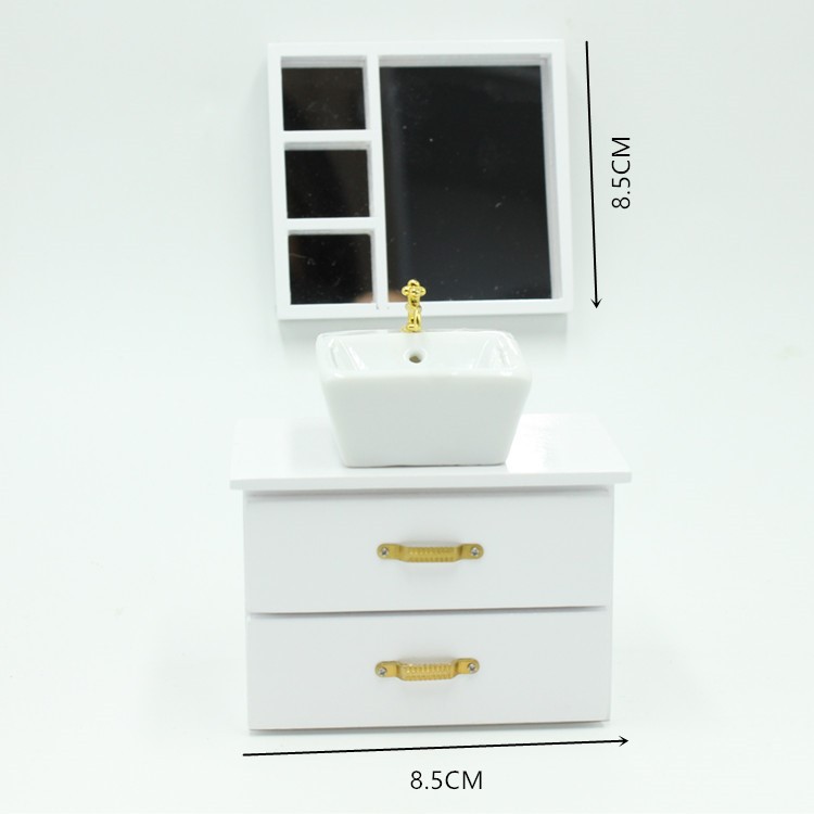 1:12 Miniature White Bathroom Vanity with Sink and Mirror