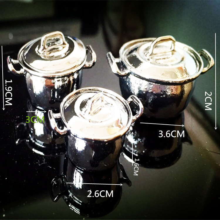 1:12 miniature silver stockpot saucepan and frying pan cookware set