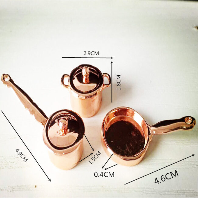 1:12 Miniature Rose Gold 3-Piece Cookware Set