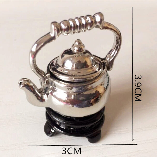 1:12 Miniature Chrome Teapot Kettle on Black Stand
