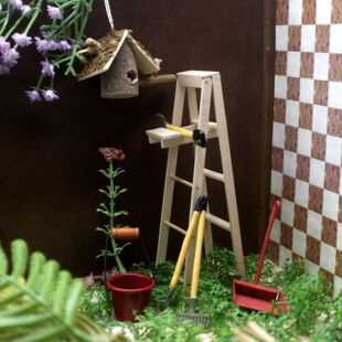1:12 miniature garden tools stepladder birdhouse rake shovel and bucket