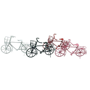 1:12 miniature wire cruiser bicycles with baskets in white black red and pink