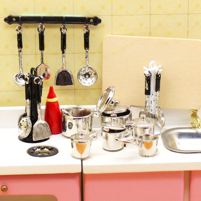 1:12 Miniature Chrome Cookware and Utensil Set