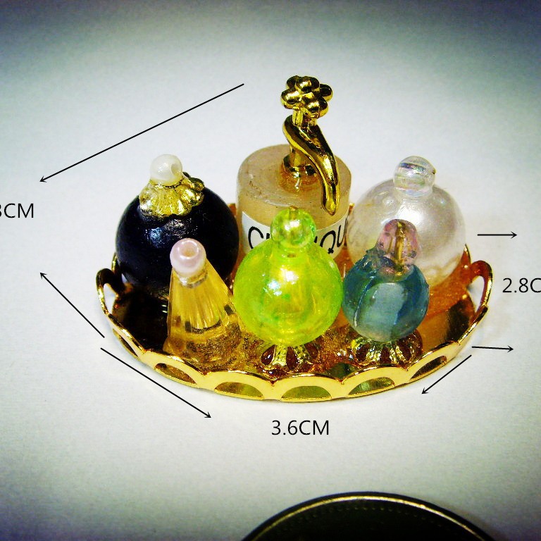 1:12 Miniature Perfume Bottles Set on Gold Tray