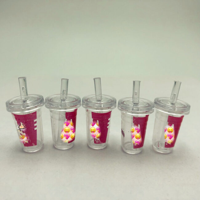 1:12 Miniature Clear Drink Cups with Pink Emoji Labels