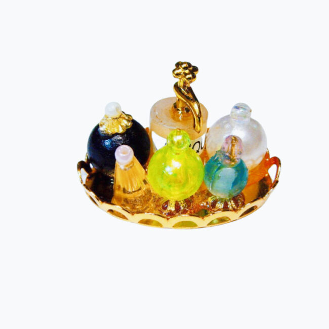 1:12 Miniature Perfume Bottles Set on Gold Tray