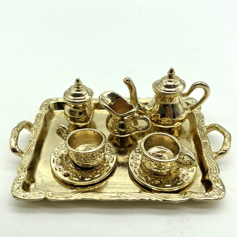 1:12 Miniature Silver Ornate Tea Set with Tray - Image 3