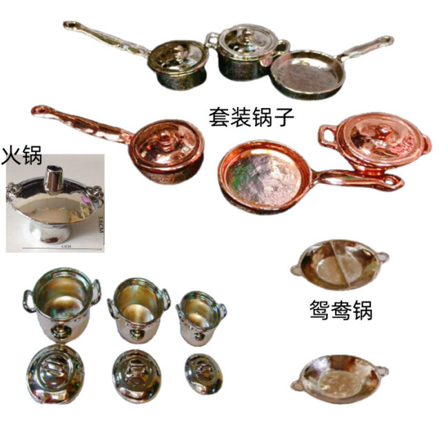 1:12 miniature silver stockpot saucepan and frying pan cookware set