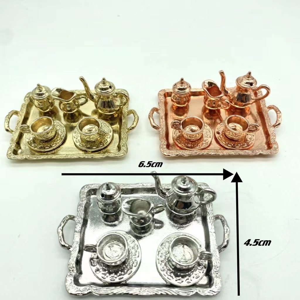 1:12 Miniature Silver Ornate Tea Set with Tray - Image 2