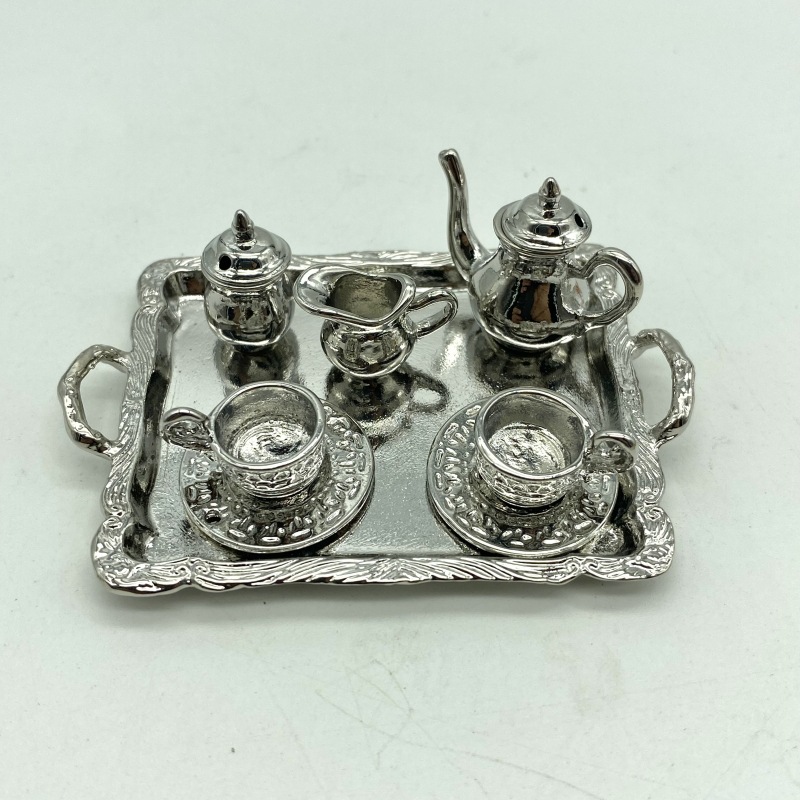 1:12 Miniature Silver Ornate Tea Set with Tray