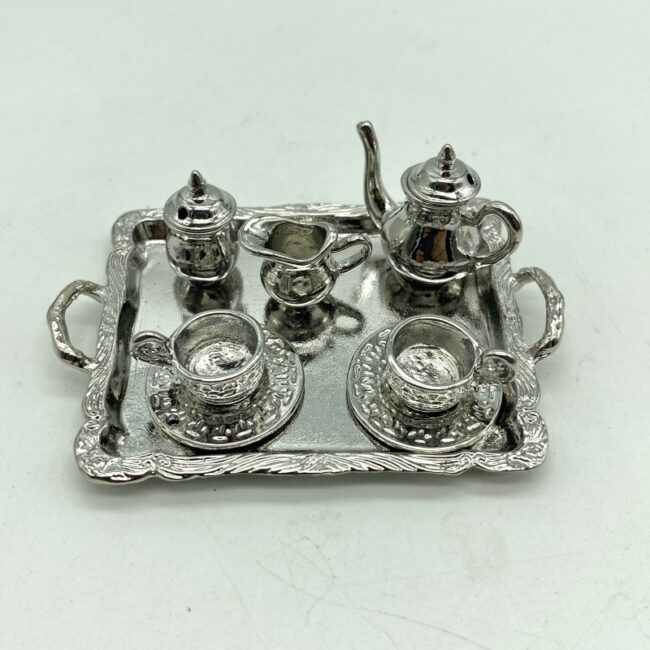 1:12 Miniature Silver Ornate Tea Set with Tray