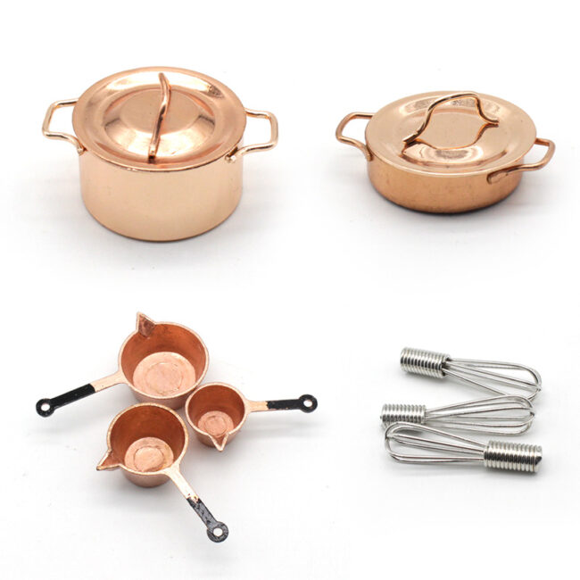 1:12 miniature copper pots pans and silver whisks for a dollhouse kitchen