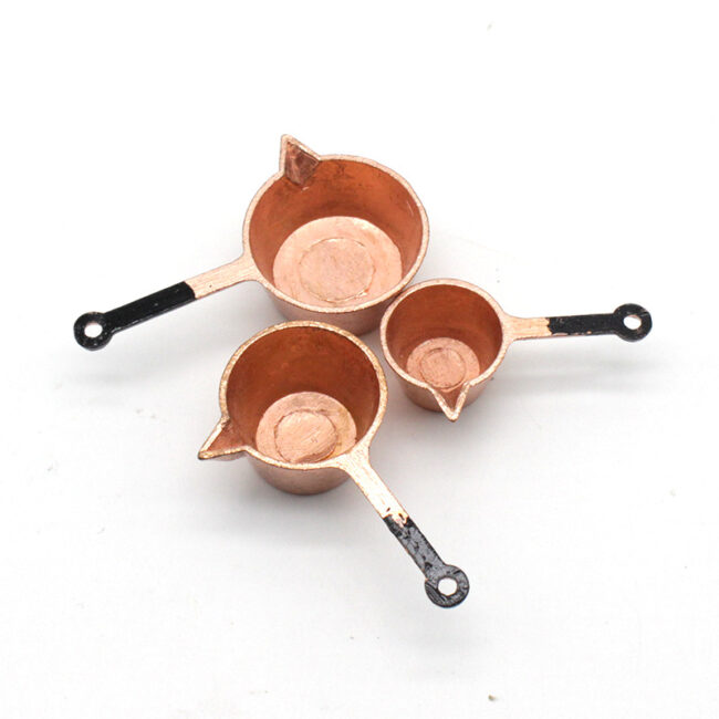 1:12 miniature copper pots pans and silver whisks for a dollhouse kitchen