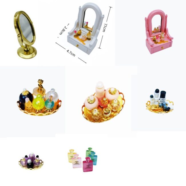 1:12 Miniature Perfume Bottles Set on Gold Tray