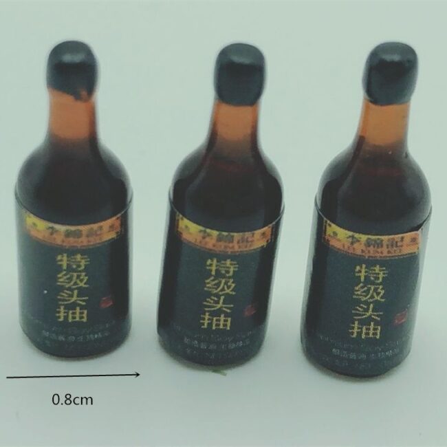 1:12 miniature soy sauce condiment bottles with red caps for dollhouse kitchens