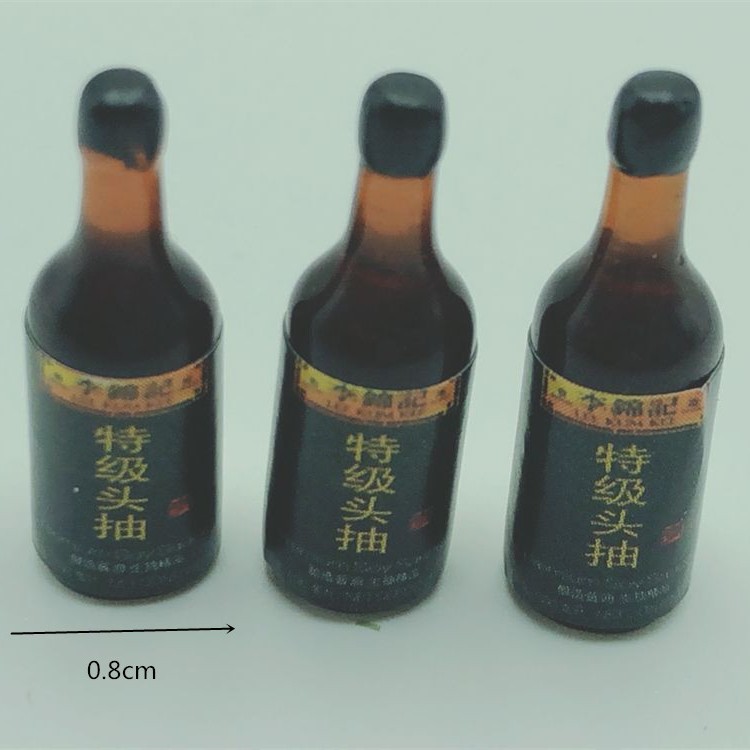 1:12 miniature soy sauce condiment bottles with red caps for dollhouse kitchens