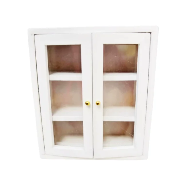 1:12 miniature white glass-front kitchen cabinet for dollhouse