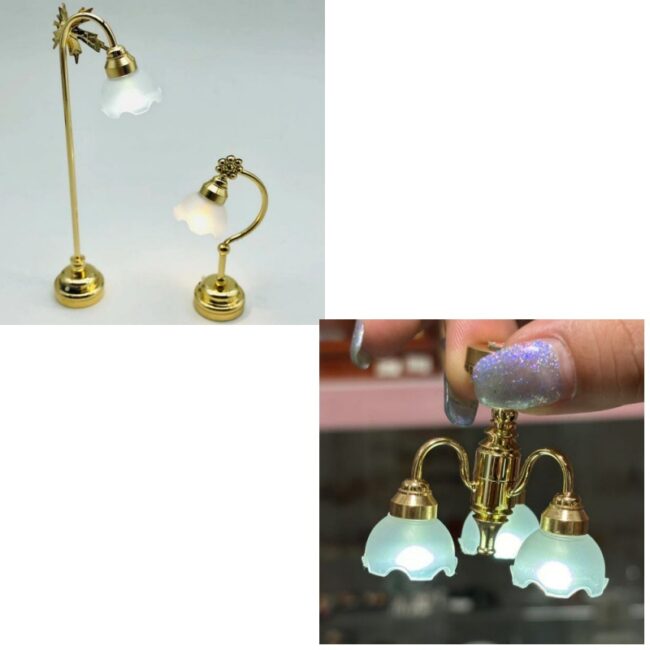 1:12 dollhouse LED brass curved floor lamp miniature lighting