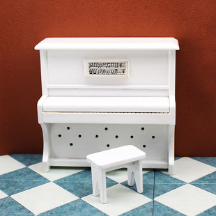 1:12 miniature white upright piano with bench for dollhouse